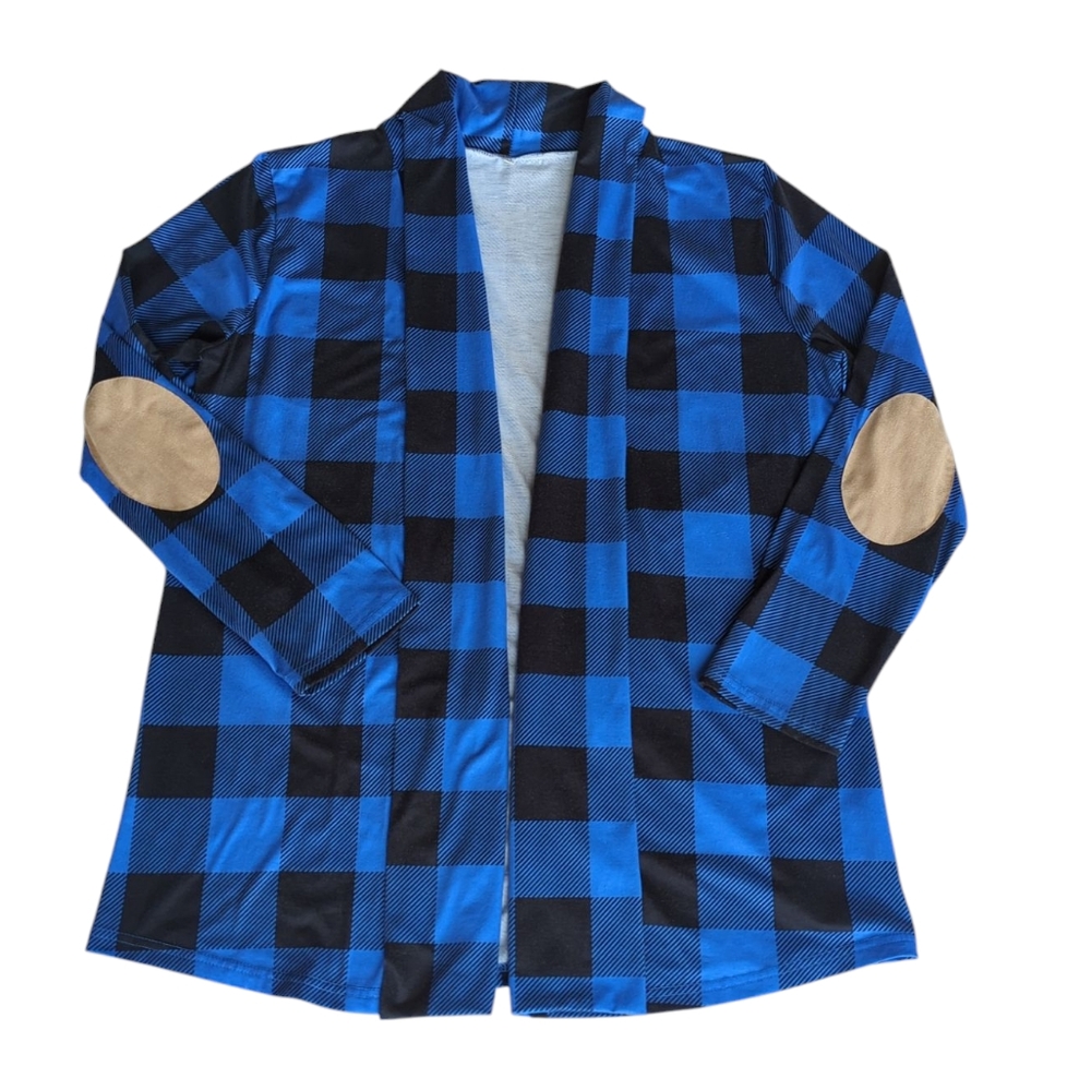 Buffalo Plaid Open Front Elbow Patch Lightweight Cardigan Shirt LARGE Black Blue